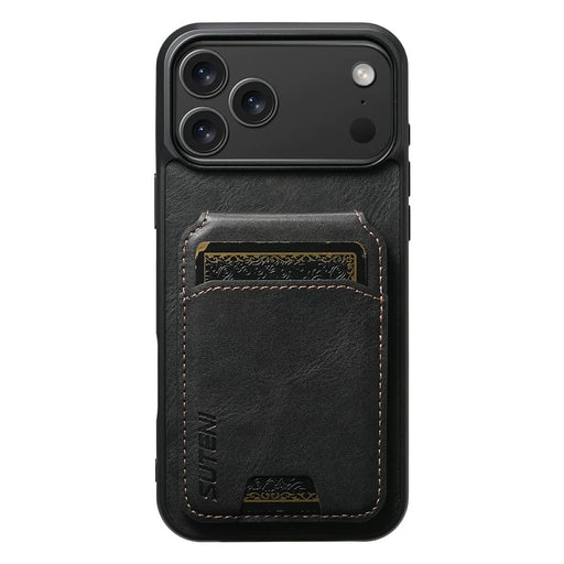 SUTENI H02 For iPhone 17 Pro Case Waxy Texture Leather + TPU Card Slots Kickstand Phone Cover - Black - 2