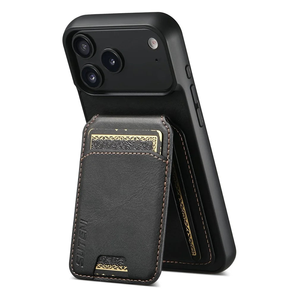 SUTENI H02 For iPhone 17 Pro Case Waxy Texture Leather + TPU Card Slots Kickstand Phone Cover - Black - 4
