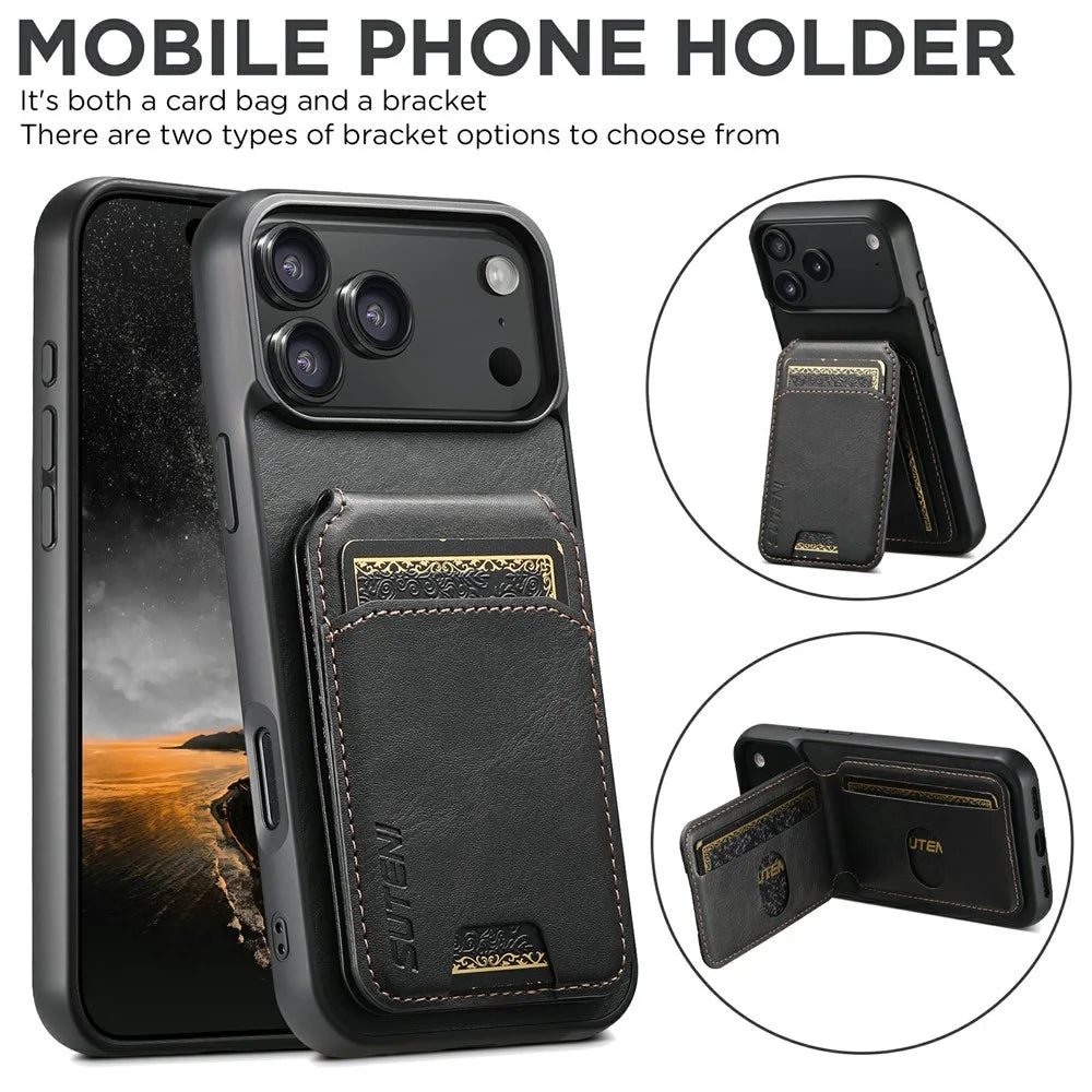 SUTENI H02 For iPhone 17 Pro Case Waxy Texture Leather + TPU Card Slots Kickstand Phone Cover - Black - 6