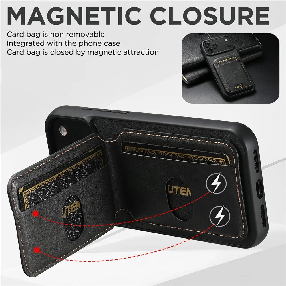 SUTENI H02 For iPhone 17 Pro Case Waxy Texture Leather + TPU Card Slots Kickstand Phone Cover - Black - 7