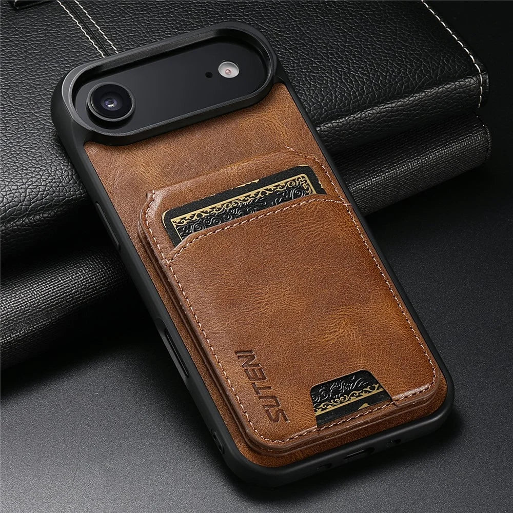 SUTENI H02 For iPhone Air Case Waxy Texture Leather + TPU Card Slots Kickstand Phone Cover - Brown - 3
