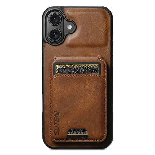 SUTENI H02 For iPhone 17 Case Waxy Texture Leather + TPU Card Slots Kickstand Phone Cover - Brown - 1