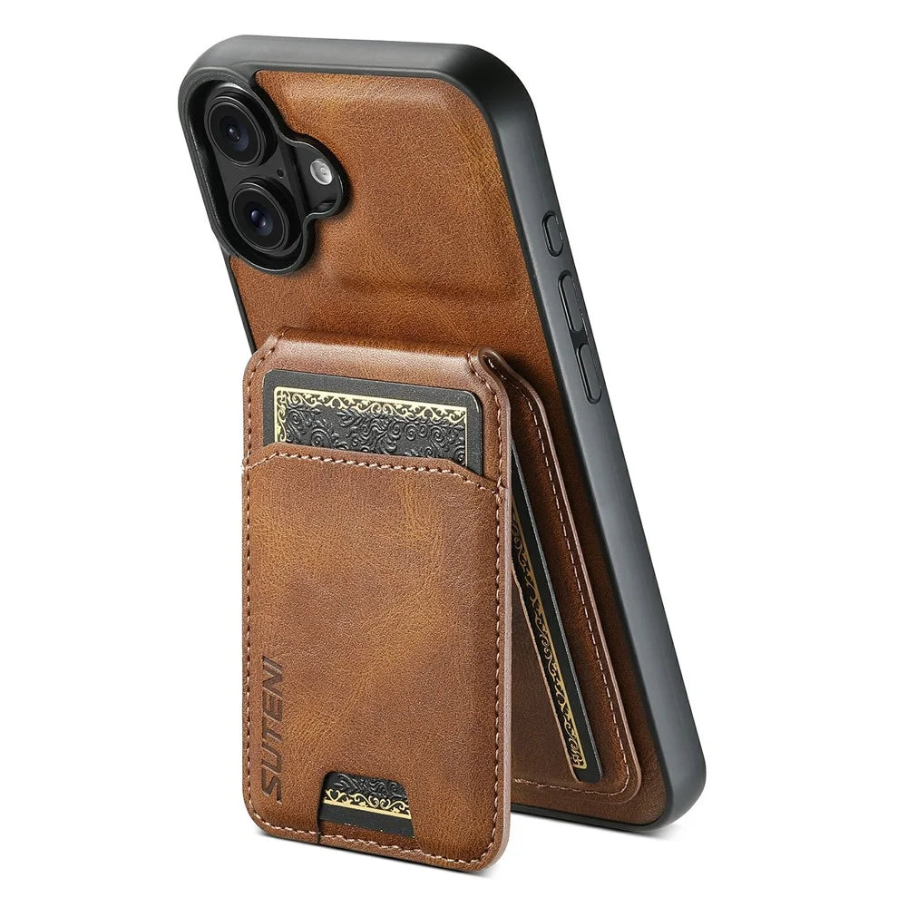SUTENI H02 For iPhone 17 Case Waxy Texture Leather + TPU Card Slots Kickstand Phone Cover - Brown - 3