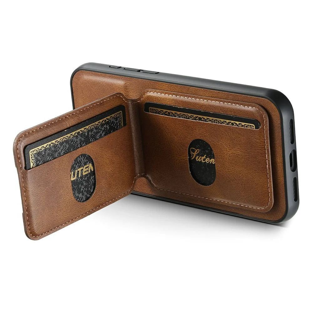SUTENI H02 For iPhone 17 Case Waxy Texture Leather + TPU Card Slots Kickstand Phone Cover - Brown - 4