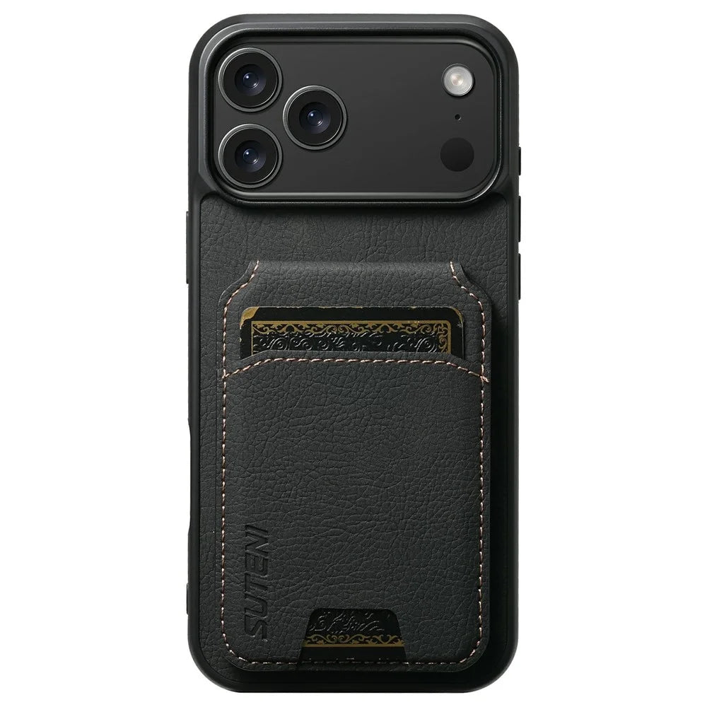 SUTENI H02 For iPhone 17 Pro Max Case Card Slots Kickstand Litchi Texture Leather + TPU Cover - Black - 2
