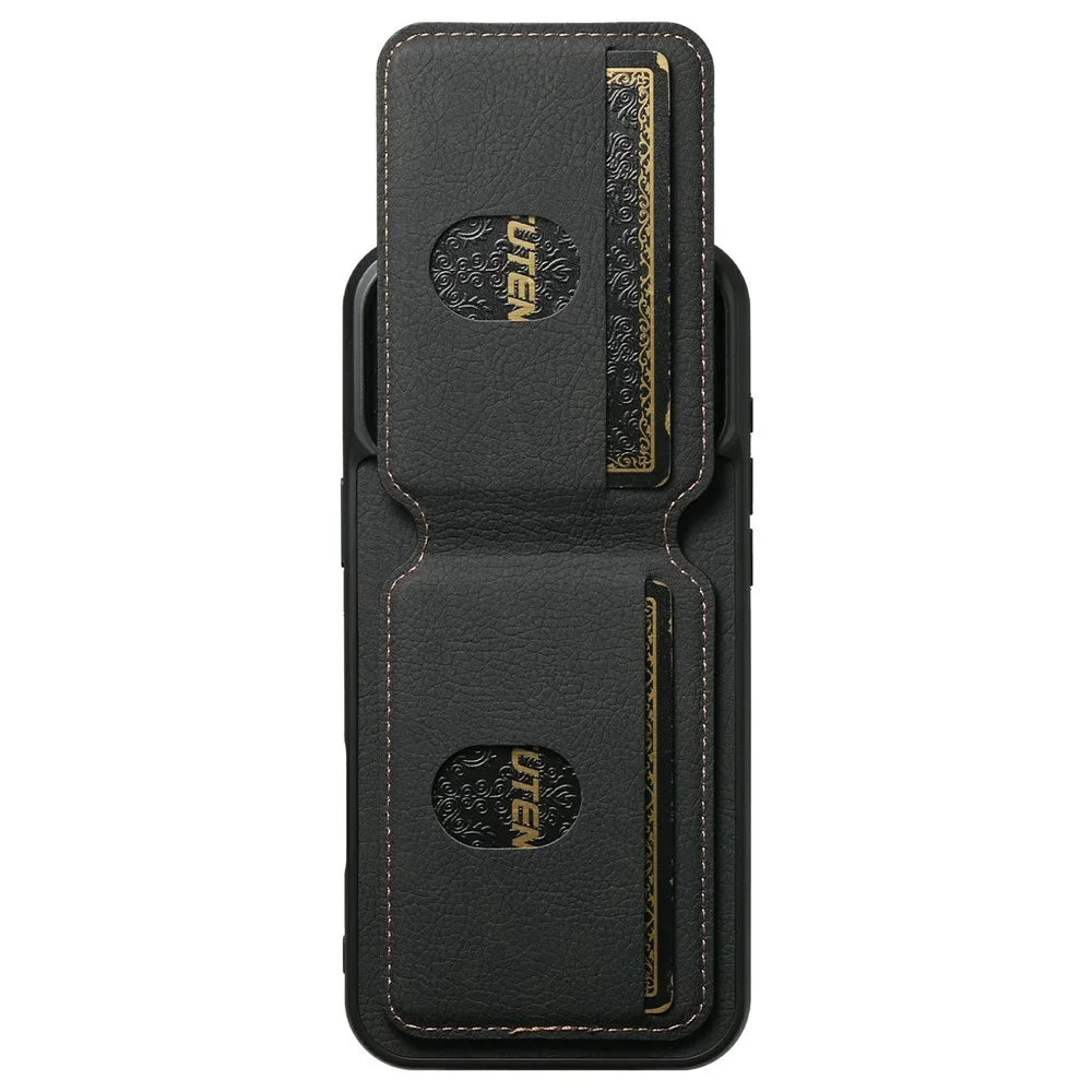SUTENI H02 For iPhone 17 Pro Max Case Card Slots Kickstand Litchi Texture Leather + TPU Cover - Black - 3