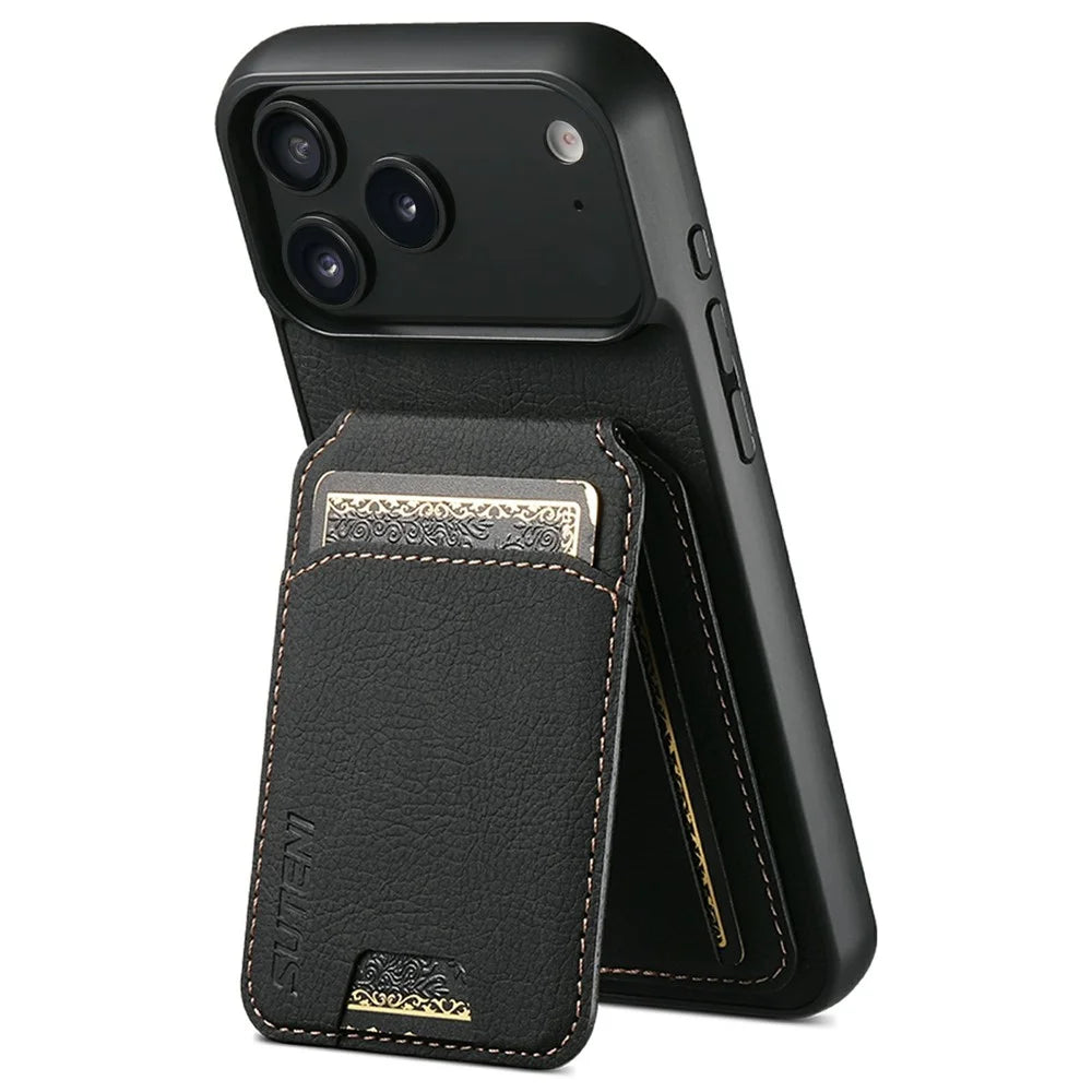 SUTENI H02 For iPhone 17 Pro Max Case Card Slots Kickstand Litchi Texture Leather + TPU Cover - Black - 4