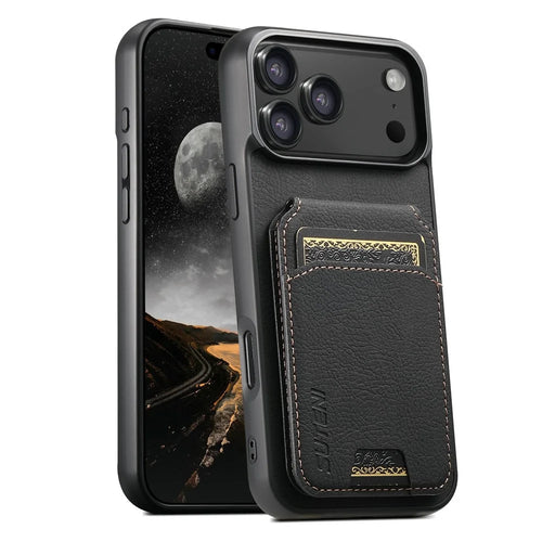SUTENI H02 For iPhone 17 Pro Case Card Slots Kickstand Litchi Texture Leather + TPU Cover - Black - 1