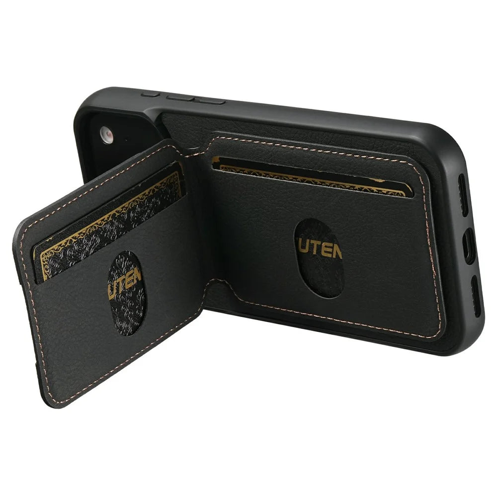 SUTENI H02 For iPhone 17 Pro Case Card Slots Kickstand Litchi Texture Leather + TPU Cover - Black - 5