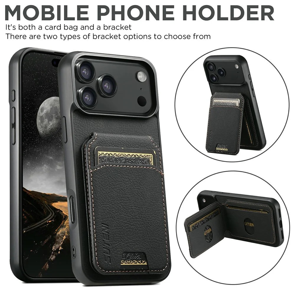 SUTENI H02 For iPhone 17 Pro Case Card Slots Kickstand Litchi Texture Leather + TPU Cover - Black - 6