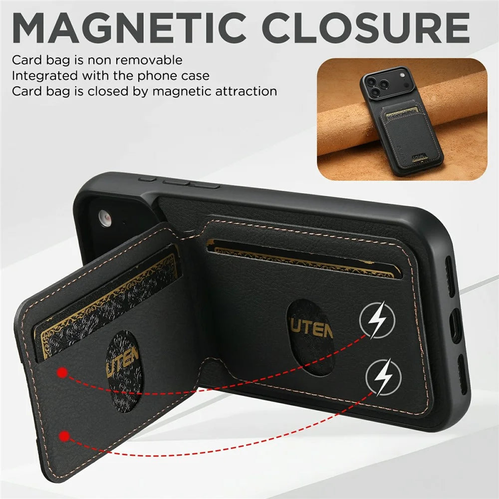 SUTENI H02 For iPhone 17 Pro Case Card Slots Kickstand Litchi Texture Leather + TPU Cover - Black - 7
