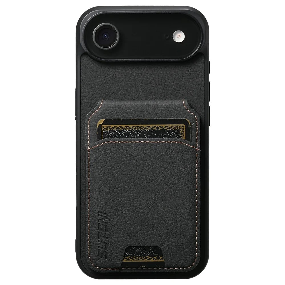 SUTENI H02 For iPhone Air Case Card Slots Kickstand Litchi Texture Leather + TPU Cover - Black - 1
