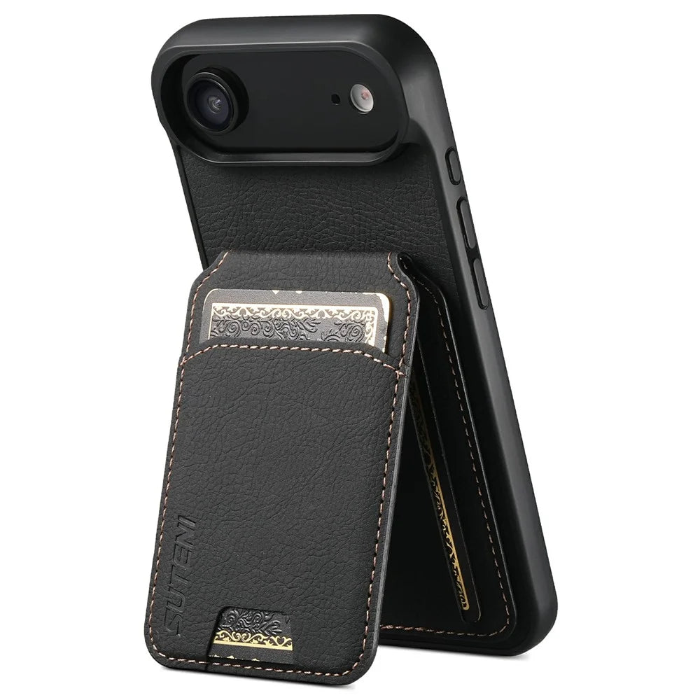 SUTENI H02 For iPhone Air Case Card Slots Kickstand Litchi Texture Leather + TPU Cover - Black - 3