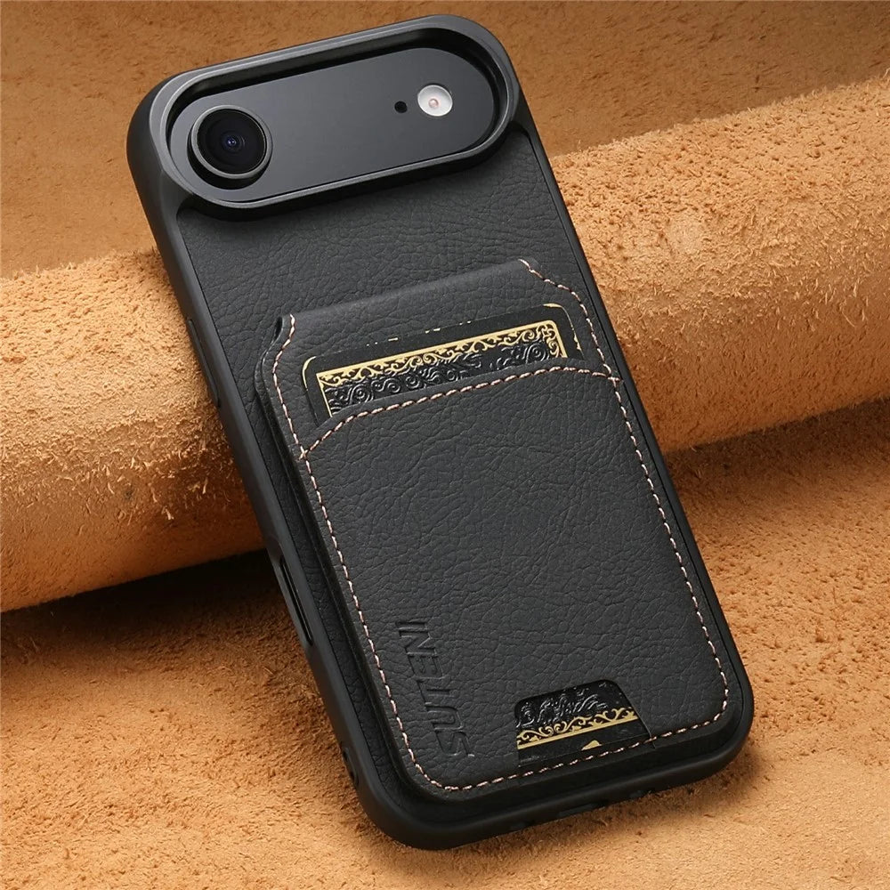SUTENI H02 For iPhone Air Case Card Slots Kickstand Litchi Texture Leather + TPU Cover - Black - 4