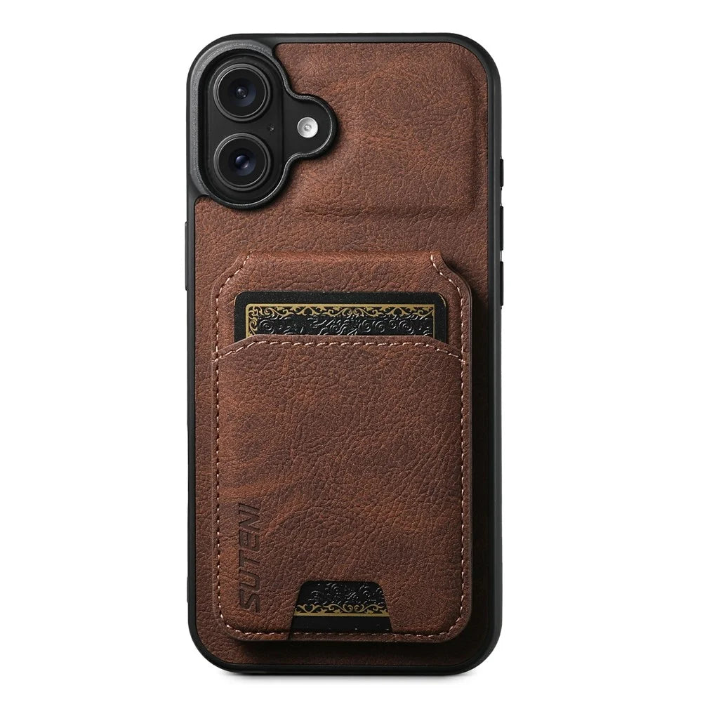 SUTENI H02 For iPhone 17 Case Card Slots Kickstand Litchi Texture Leather + TPU Cover - Brown - 1
