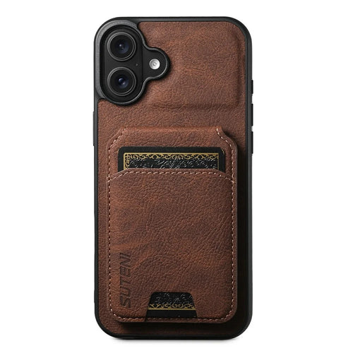 SUTENI H02 For iPhone 17 Case Card Slots Kickstand Litchi Texture Leather + TPU Cover - Brown - 1