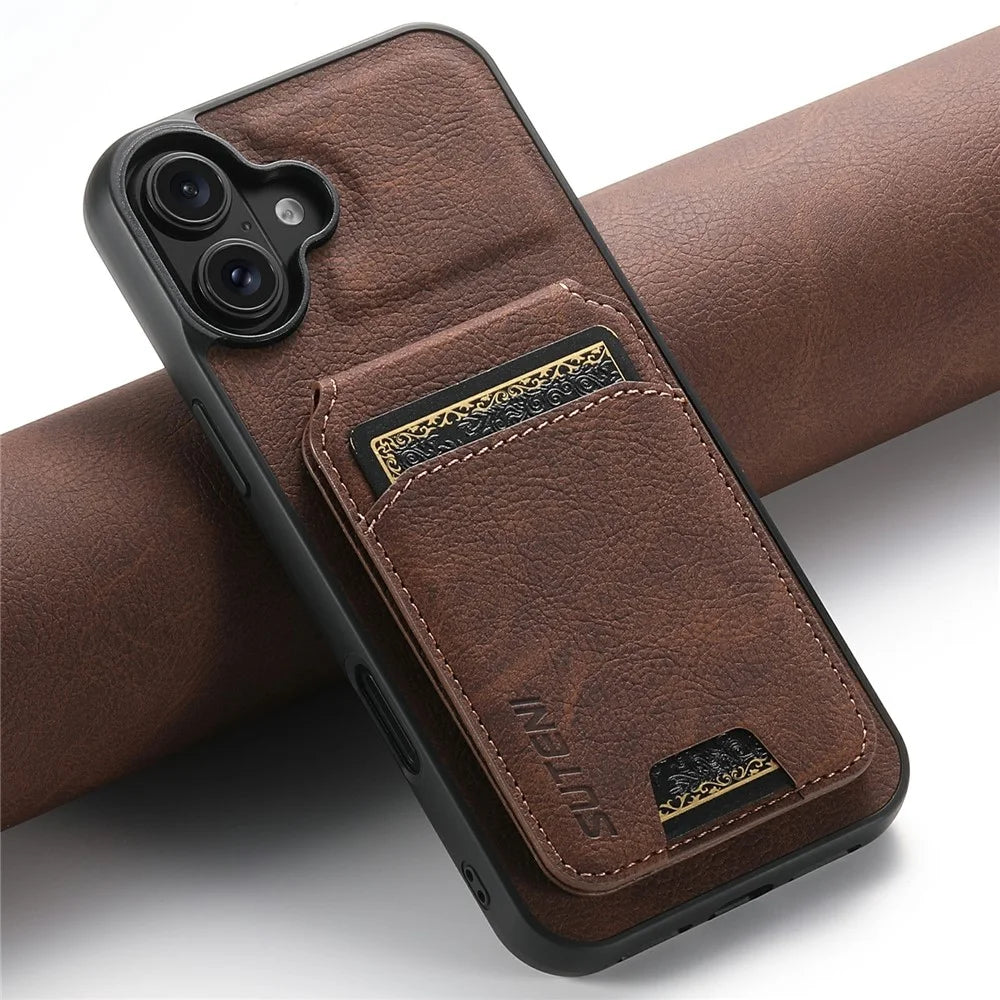 SUTENI H02 For iPhone 17 Case Card Slots Kickstand Litchi Texture Leather + TPU Cover - Brown - 6