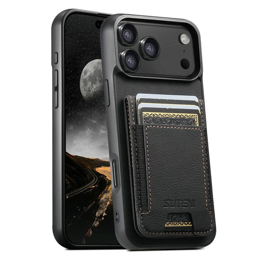 SUTENI H03 For iPhone 17 Pro Max Case Card Holder Kickstand Litchi Texture Leather + TPU Phone Cover - Black - 1
