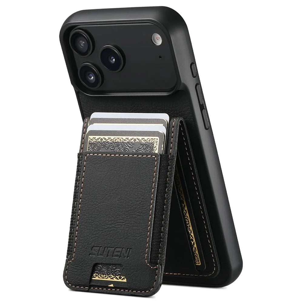 SUTENI H03 For iPhone 17 Pro Max Case Card Holder Kickstand Litchi Texture Leather + TPU Phone Cover - Black - 2