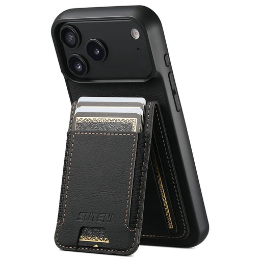 SUTENI H03 For iPhone 17 Pro Max Case Card Holder Kickstand Litchi Texture Leather + TPU Phone Cover - Black - 2