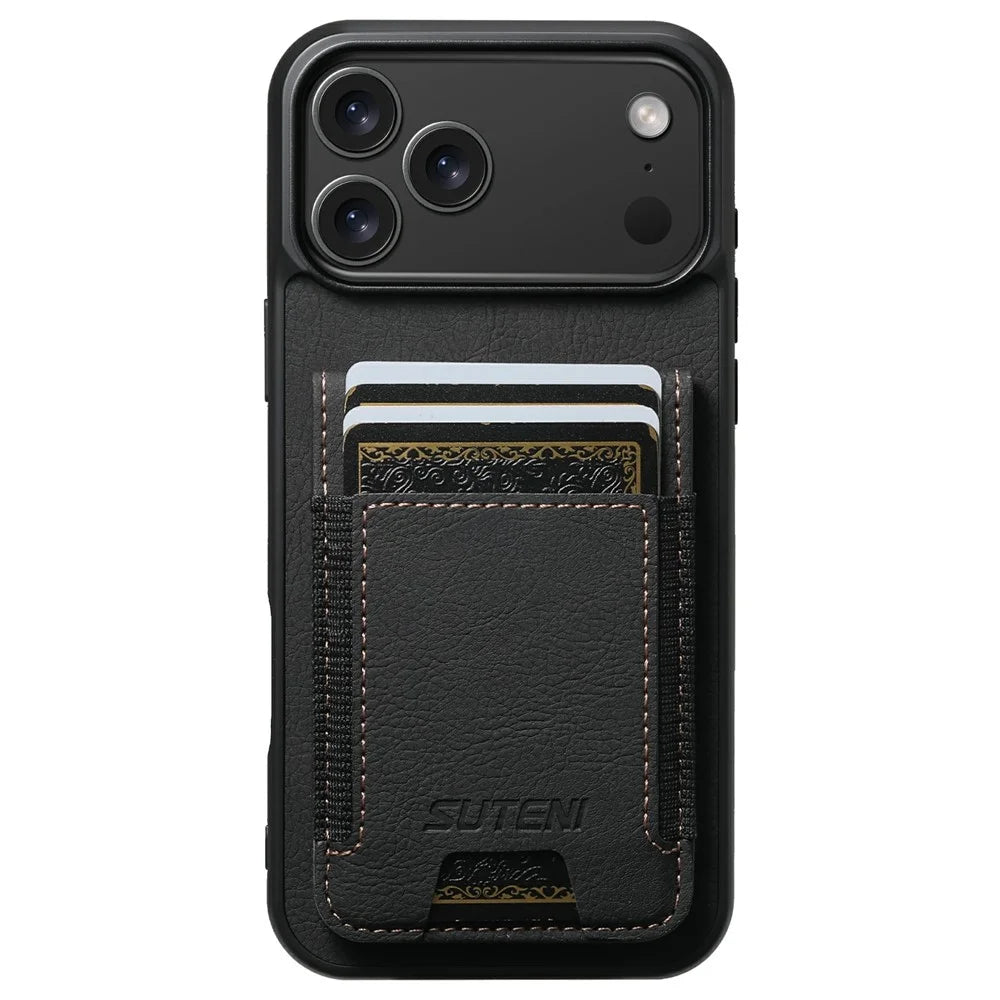 SUTENI H03 For iPhone 17 Pro Max Case Card Holder Kickstand Litchi Texture Leather + TPU Phone Cover - Black - 5