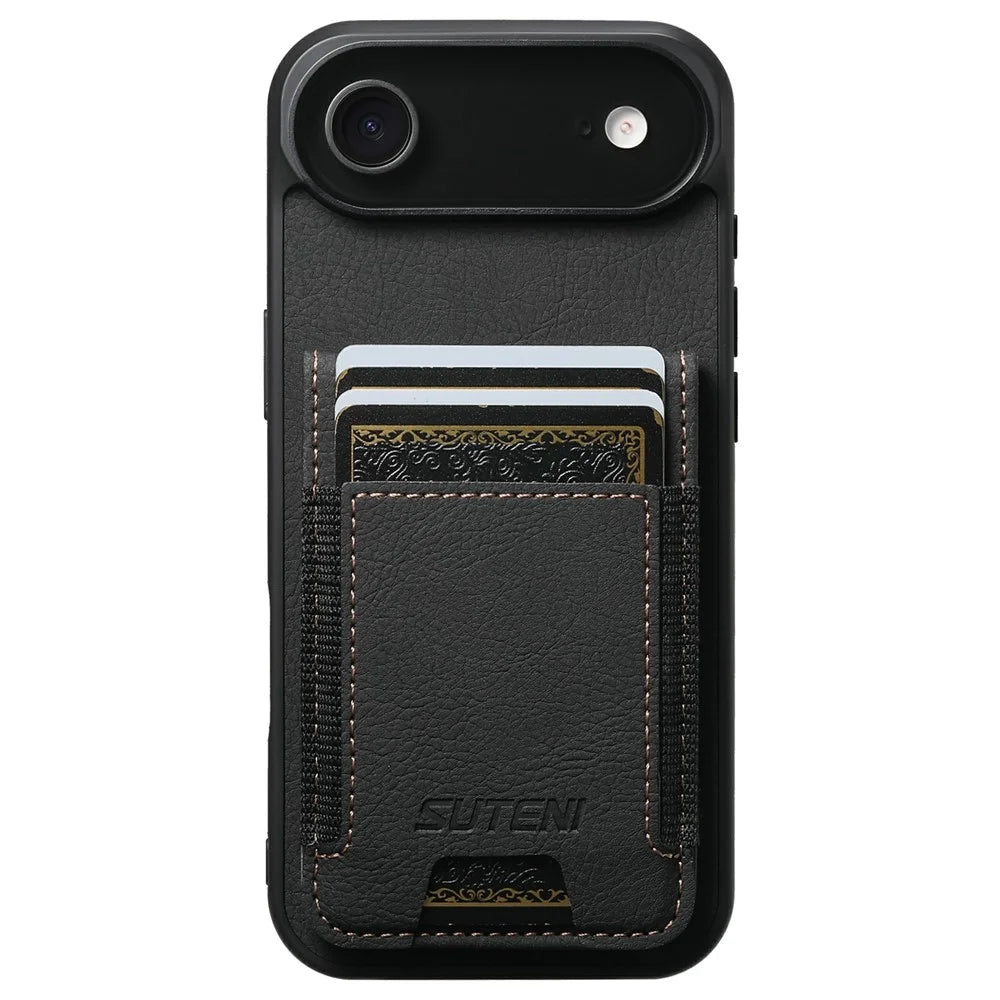 SUTENI H03 For iPhone Air Case Card Holder Kickstand Litchi Texture Leather + TPU Phone Cover - Black - 1