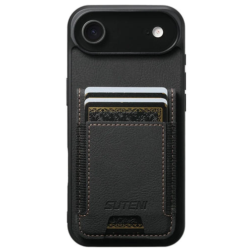 SUTENI H03 For iPhone Air Case Card Holder Kickstand Litchi Texture Leather + TPU Phone Cover - Black - 1
