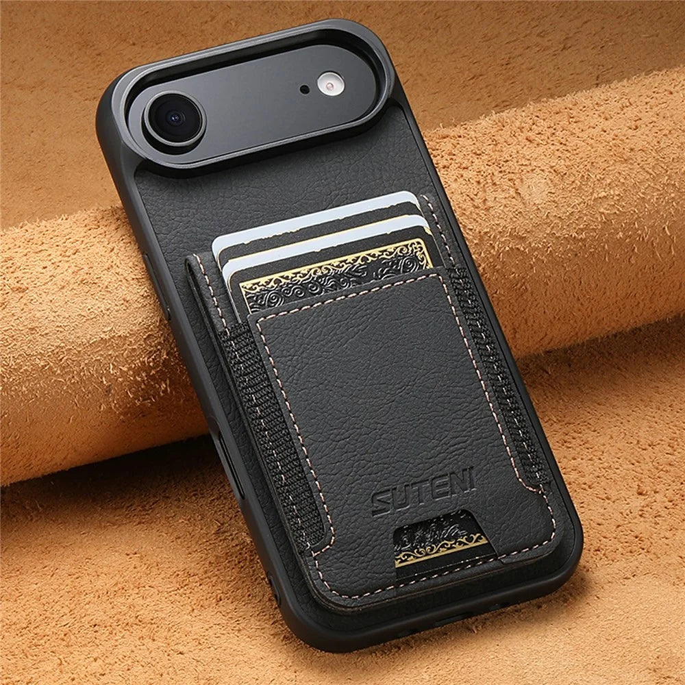SUTENI H03 For iPhone Air Case Card Holder Kickstand Litchi Texture Leather + TPU Phone Cover - Black - 3