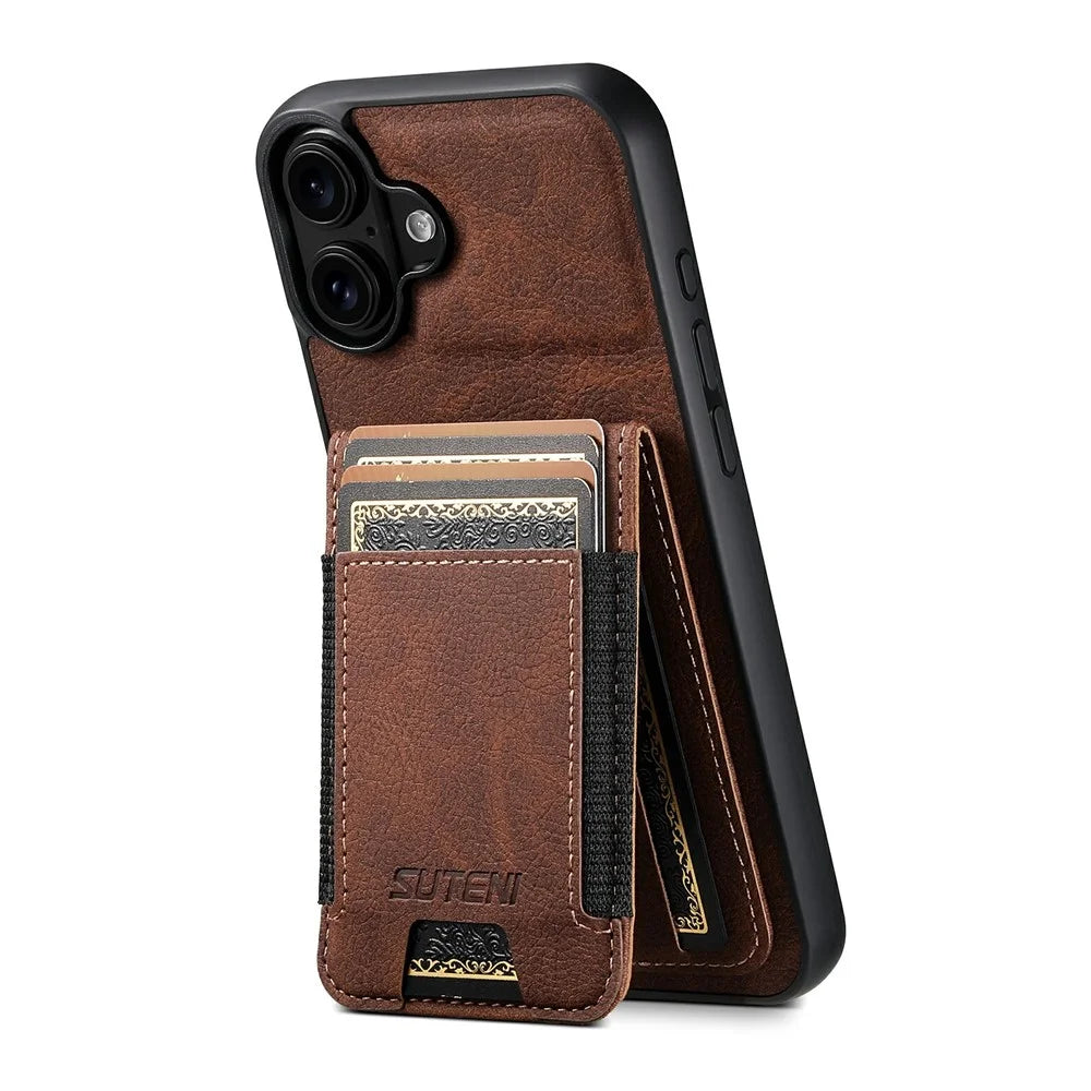 SUTENI H03 For iPhone 17 Case Card Holder Kickstand Litchi Texture Leather + TPU Phone Cover - Brown - 1