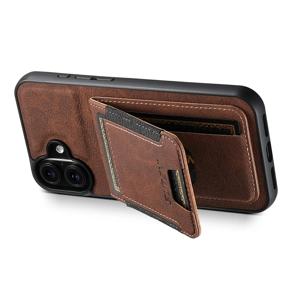 SUTENI H03 For iPhone 17 Case Card Holder Kickstand Litchi Texture Leather + TPU Phone Cover - Brown - 4