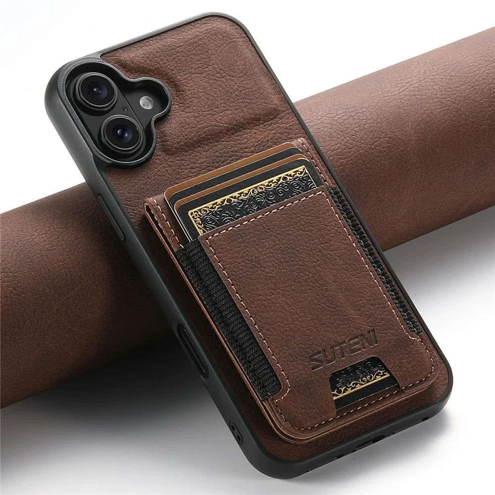 SUTENI H03 For iPhone 17 Case Card Holder Kickstand Litchi Texture Leather + TPU Phone Cover - Brown - 5
