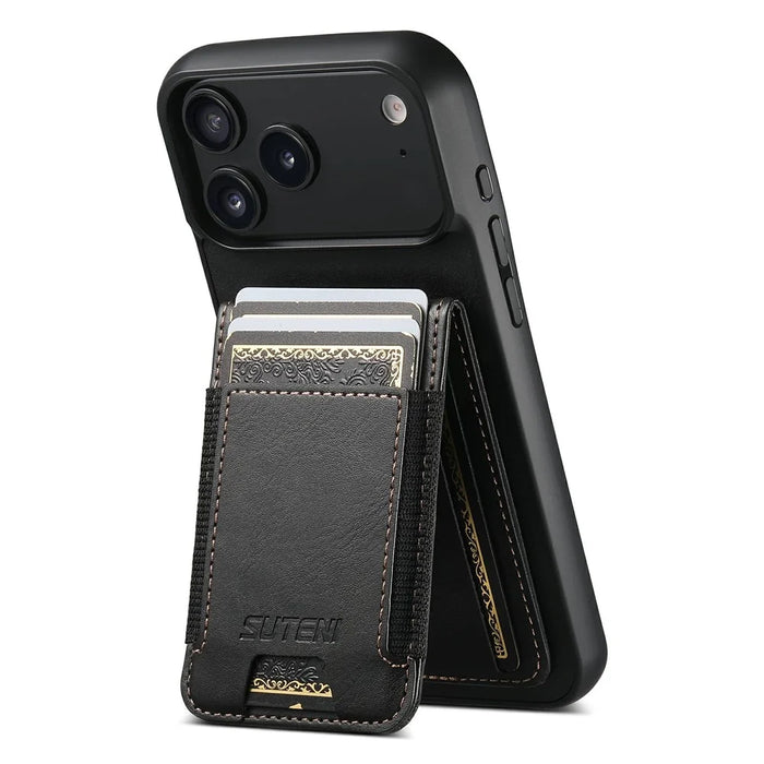 SUTENI H03 For iPhone 17 Pro Max Case Card Holder Waxy Texture Leather + TPU Phone Cover - Black - 3