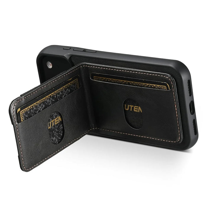 SUTENI H03 For iPhone 17 Pro Max Case Card Holder Waxy Texture Leather + TPU Phone Cover - Black - 4