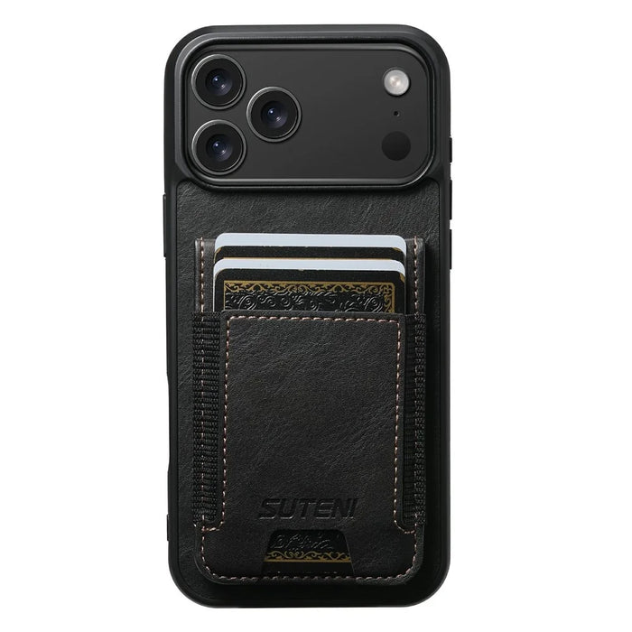 SUTENI H03 For iPhone 17 Pro Max Case Card Holder Waxy Texture Leather + TPU Phone Cover - Black - 5
