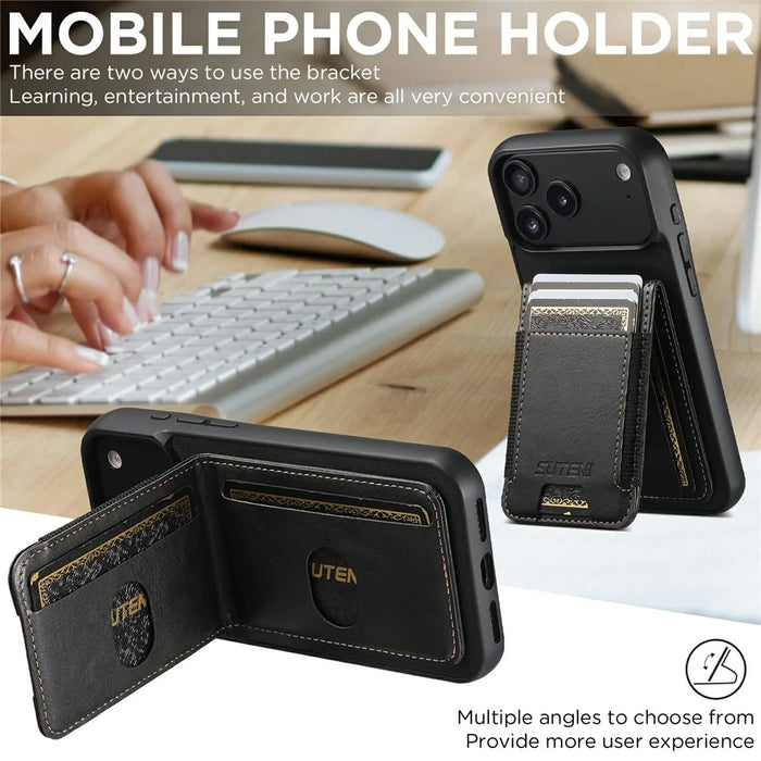 SUTENI H03 For iPhone 17 Pro Max Case Card Holder Waxy Texture Leather + TPU Phone Cover - Black - 6