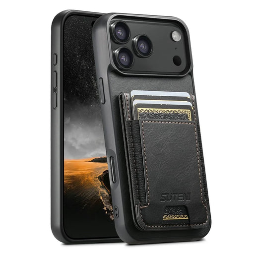 SUTENI H03 For iPhone 17 Pro Case Card Holder Waxy Texture Leather + TPU Phone Cover - Black - 1