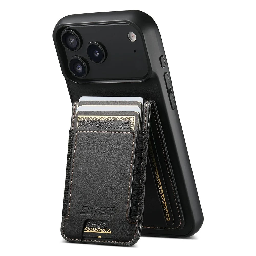 SUTENI H03 For iPhone 17 Pro Case Card Holder Waxy Texture Leather + TPU Phone Cover - Black - 3