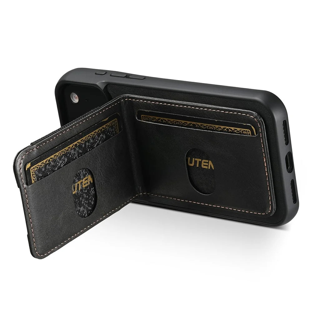 SUTENI H03 For iPhone 17 Pro Case Card Holder Waxy Texture Leather + TPU Phone Cover - Black - 4
