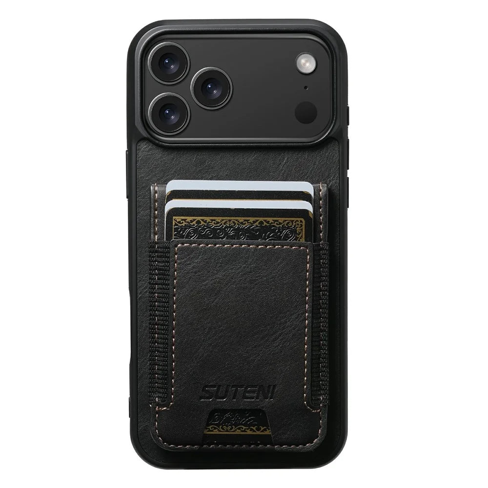 SUTENI H03 For iPhone 17 Pro Case Card Holder Waxy Texture Leather + TPU Phone Cover - Black - 5