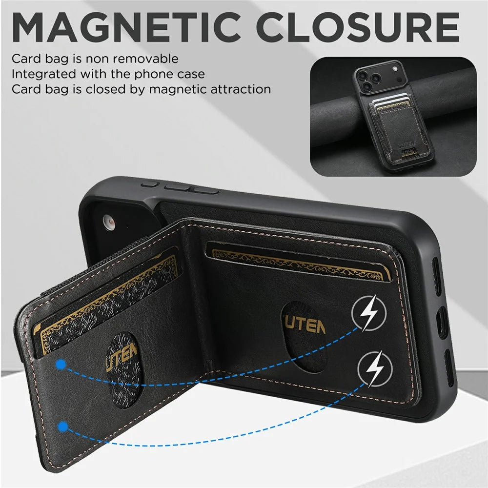 SUTENI H03 For iPhone 17 Pro Case Card Holder Waxy Texture Leather + TPU Phone Cover - Black - 7
