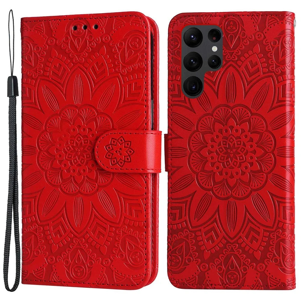 For Samsung Galaxy S23 Ultra Sunflower Imprinted PU Leather Anti-scratch Phone Case Foldable Stand Flip Wallet Cover with Hand Strap - Red - 1