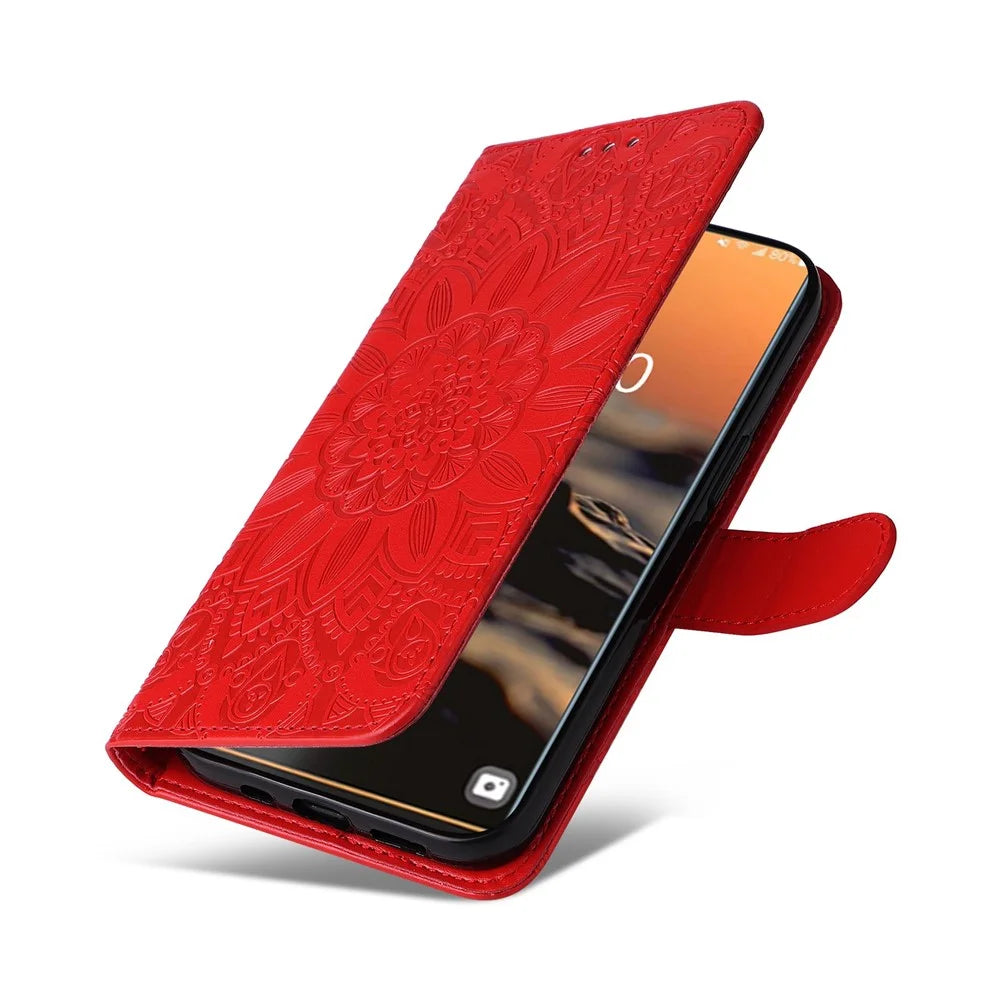 For Samsung Galaxy S23 Ultra Sunflower Imprinted PU Leather Anti-scratch Phone Case Foldable Stand Flip Wallet Cover with Hand Strap - Red - 5