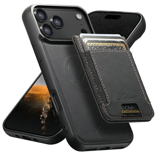 SUTENI H17 For iPhone 17 Pro Max Magnetic Case Card Slots Leather + TPU Kickstand Phone Cover - Black - 1