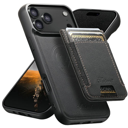 SUTENI H17 For iPhone 17 Pro Max Magnetic Case Card Slots Leather + TPU Kickstand Phone Cover - Black - 1