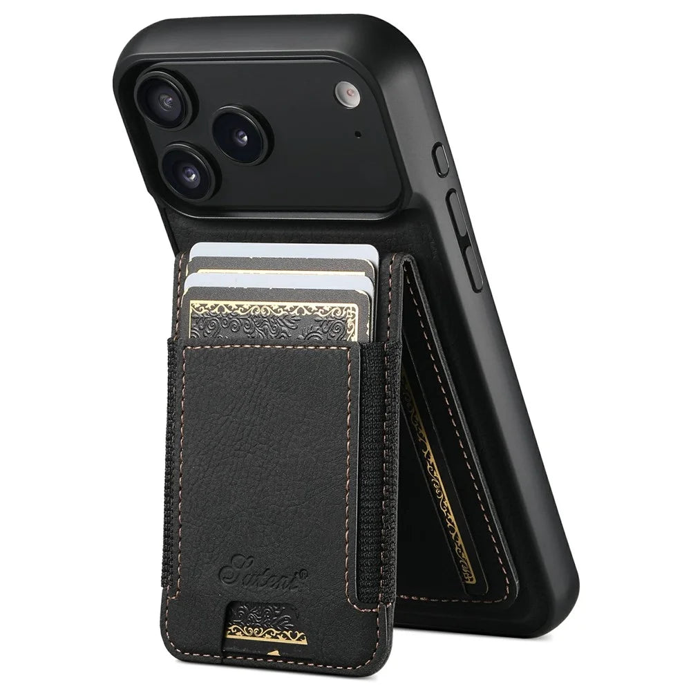 SUTENI H17 For iPhone 17 Pro Max Magnetic Case Card Slots Leather + TPU Kickstand Phone Cover - Black - 2