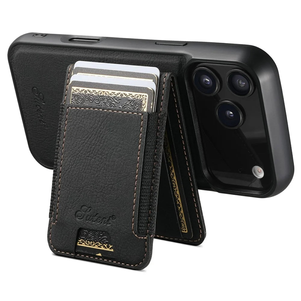 SUTENI H17 For iPhone 17 Pro Max Magnetic Case Card Slots Leather + TPU Kickstand Phone Cover - Black - 3