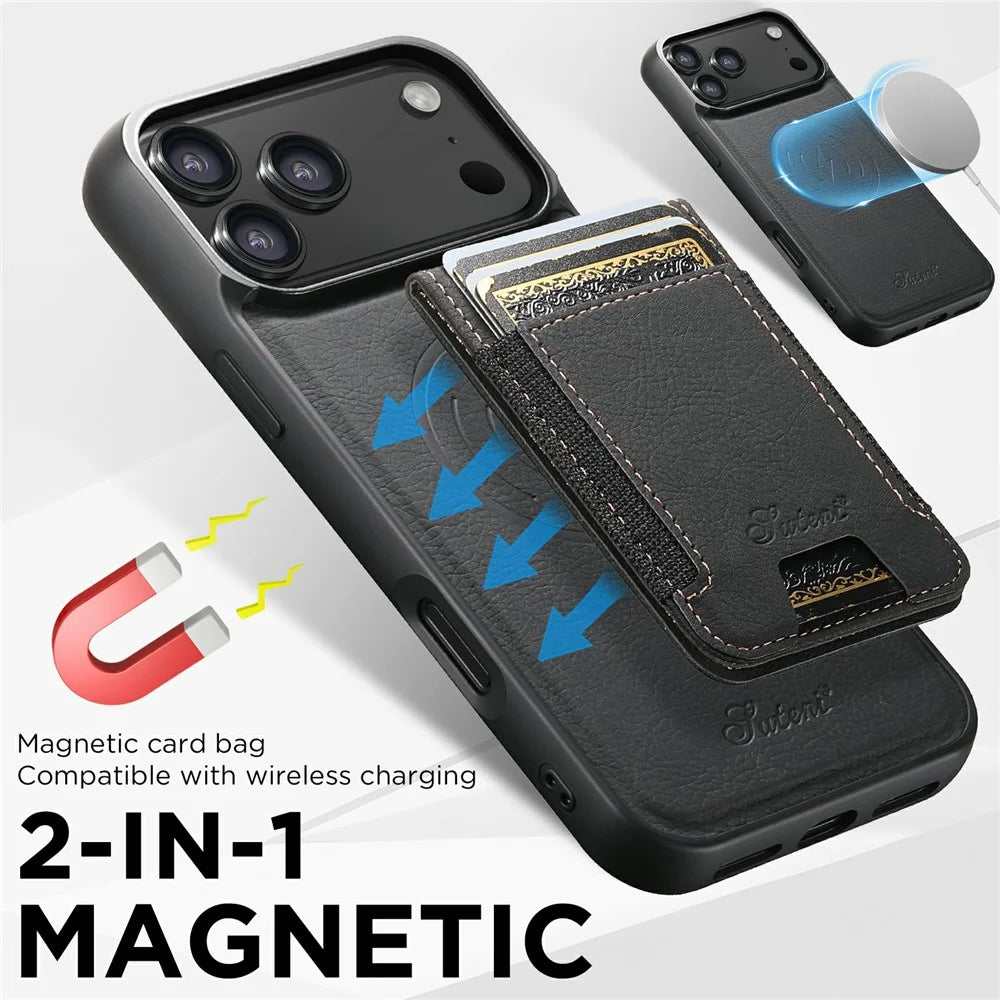 SUTENI H17 For iPhone 17 Pro Max Magnetic Case Card Slots Leather + TPU Kickstand Phone Cover - Black - 7