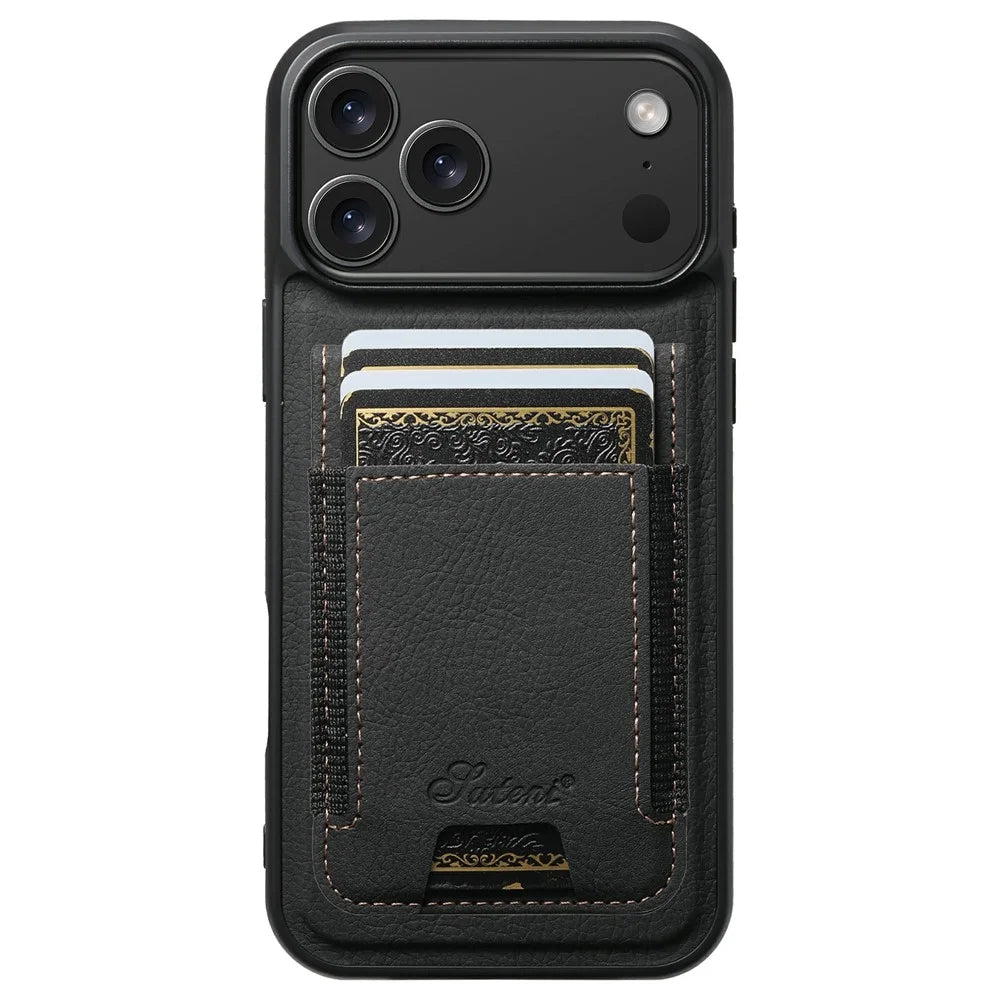 SUTENI H17 For iPhone 17 Pro Magnetic Case Card Slots Leather + TPU Kickstand Phone Cover - Black - 4