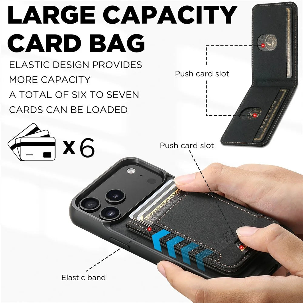 SUTENI H17 For iPhone 17 Pro Magnetic Case Card Slots Leather + TPU Kickstand Phone Cover - Black - 5