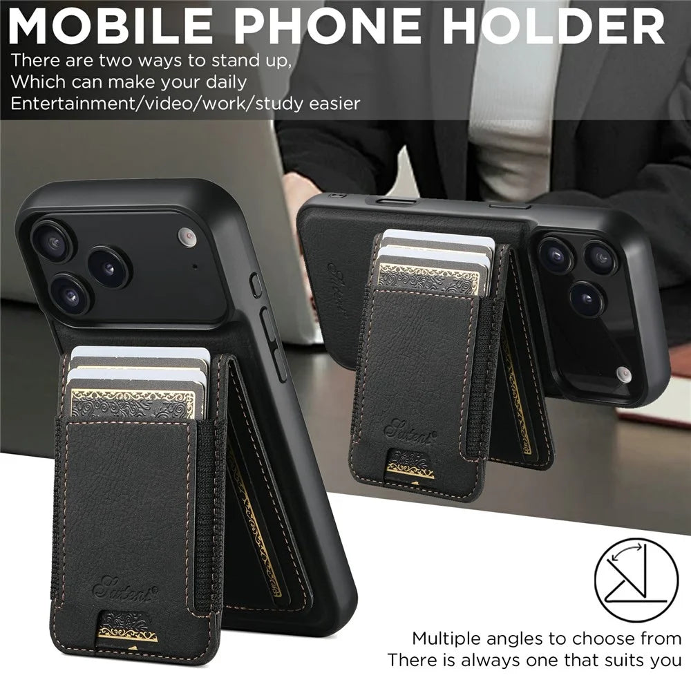 SUTENI H17 For iPhone 17 Pro Magnetic Case Card Slots Leather + TPU Kickstand Phone Cover - Black - 6